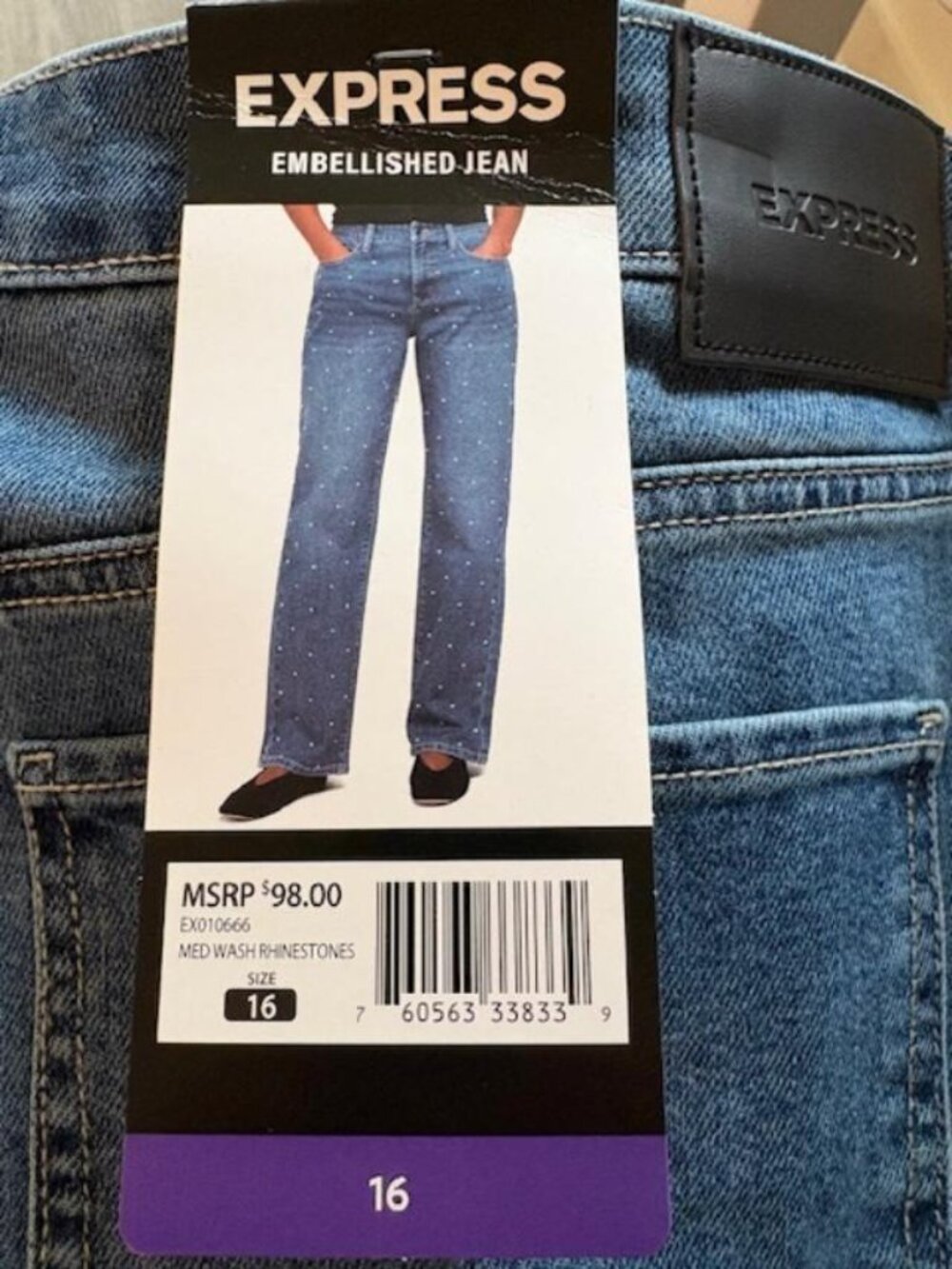 NWT Women's Express Rhinestone Embellished Denim Jeans Size 16 Medium Wash